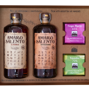 Cofanetto Regalo Amaro Salento Classico, Amaro Salento Amarissimo e due tavolette di cioccolato Maglio