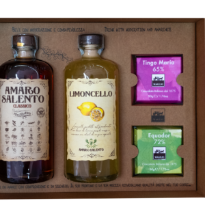 Cofanetto Regalo Amaro Salento Classico, Limoncello e due tavolette di cioccolato Maglio